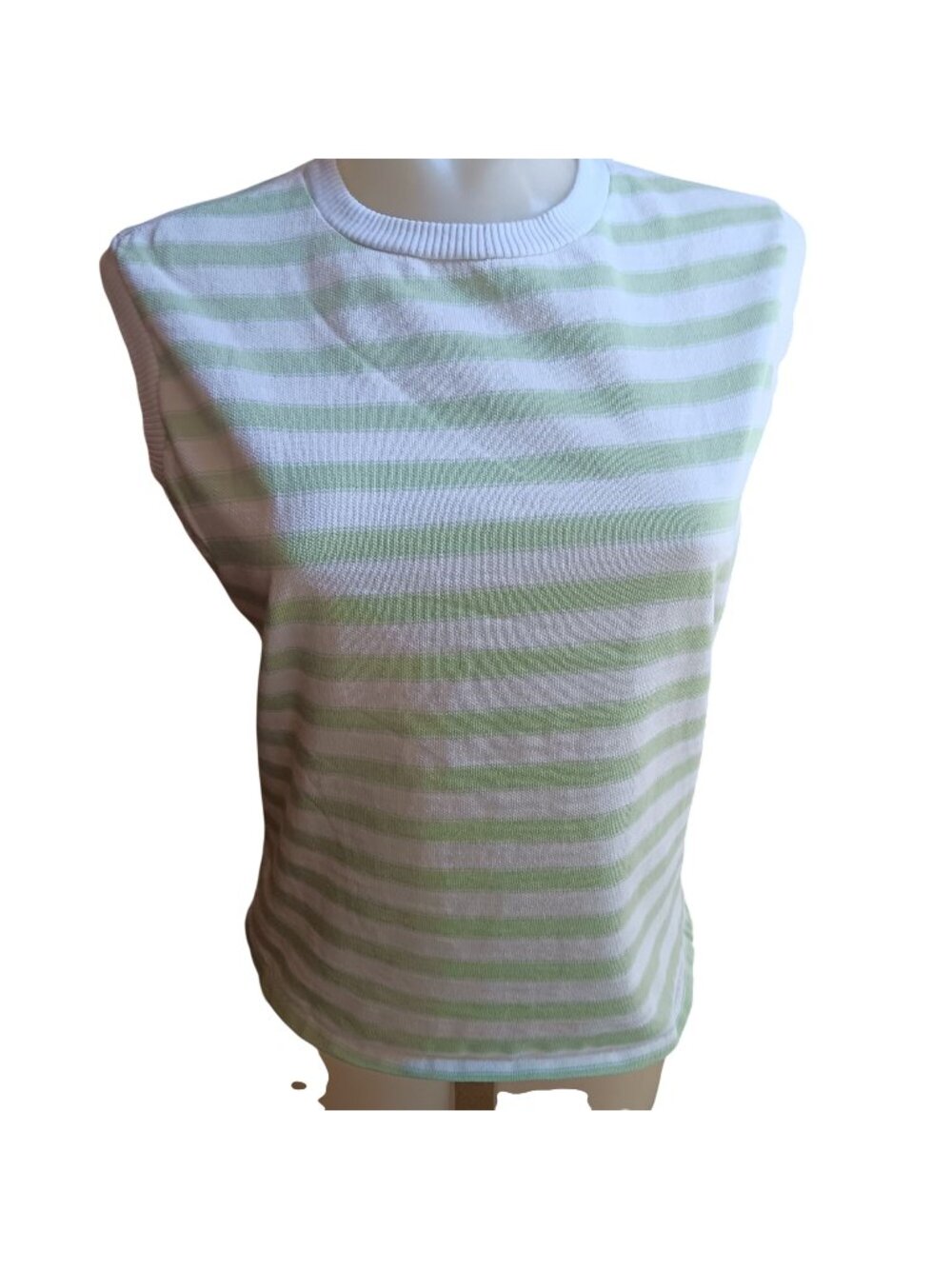 True Vintage 1960's Sleeveless T-shirt Large Lime Green White Striped Knit Top